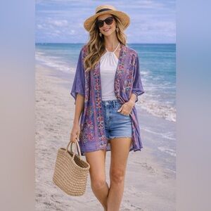 Boho Embroidered Kimono Tunic Top Multicolor Open Front S/M Umgee